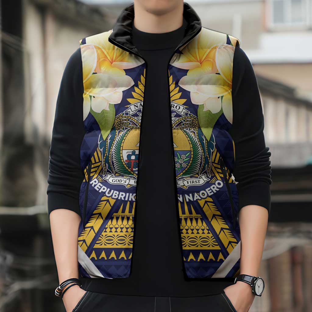 Personalised Nauru Independence Day Sleeveless Puffer Jacket Coat Of Arms With Plumeria LT05 - Polynesian Pride