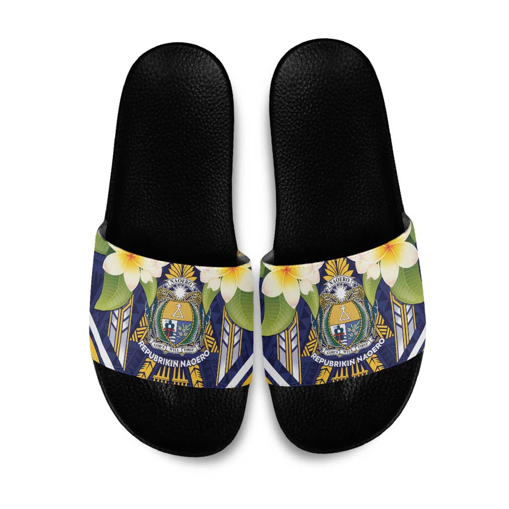 Nauru Independence Day Slide Sandals Coat Of Arms With Plumeria LT05 Navy - Polynesian Pride
