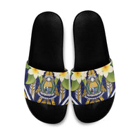 Nauru Independence Day Slide Sandals Coat Of Arms With Plumeria LT05 Navy - Polynesian Pride