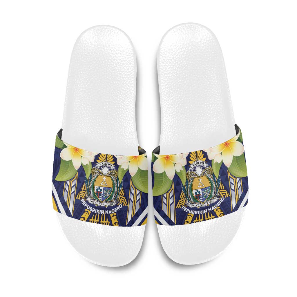 Nauru Independence Day Slide Sandals Coat Of Arms With Plumeria LT05 Navy - Polynesian Pride