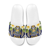 Nauru Independence Day Slide Sandals Coat Of Arms With Plumeria LT05 Navy - Polynesian Pride