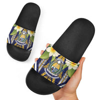 Nauru Independence Day Slide Sandals Coat Of Arms With Plumeria LT05 - Polynesian Pride