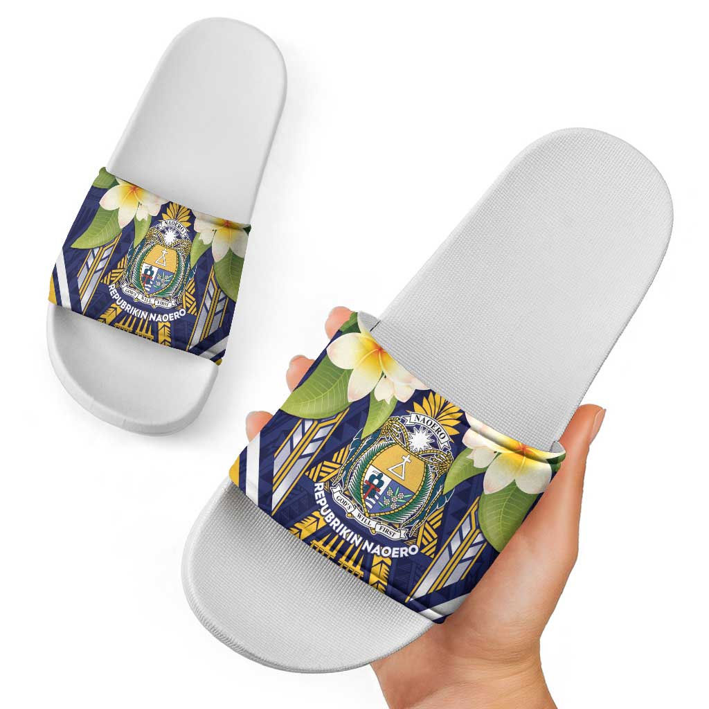 Nauru Independence Day Slide Sandals Coat Of Arms With Plumeria LT05 - Polynesian Pride