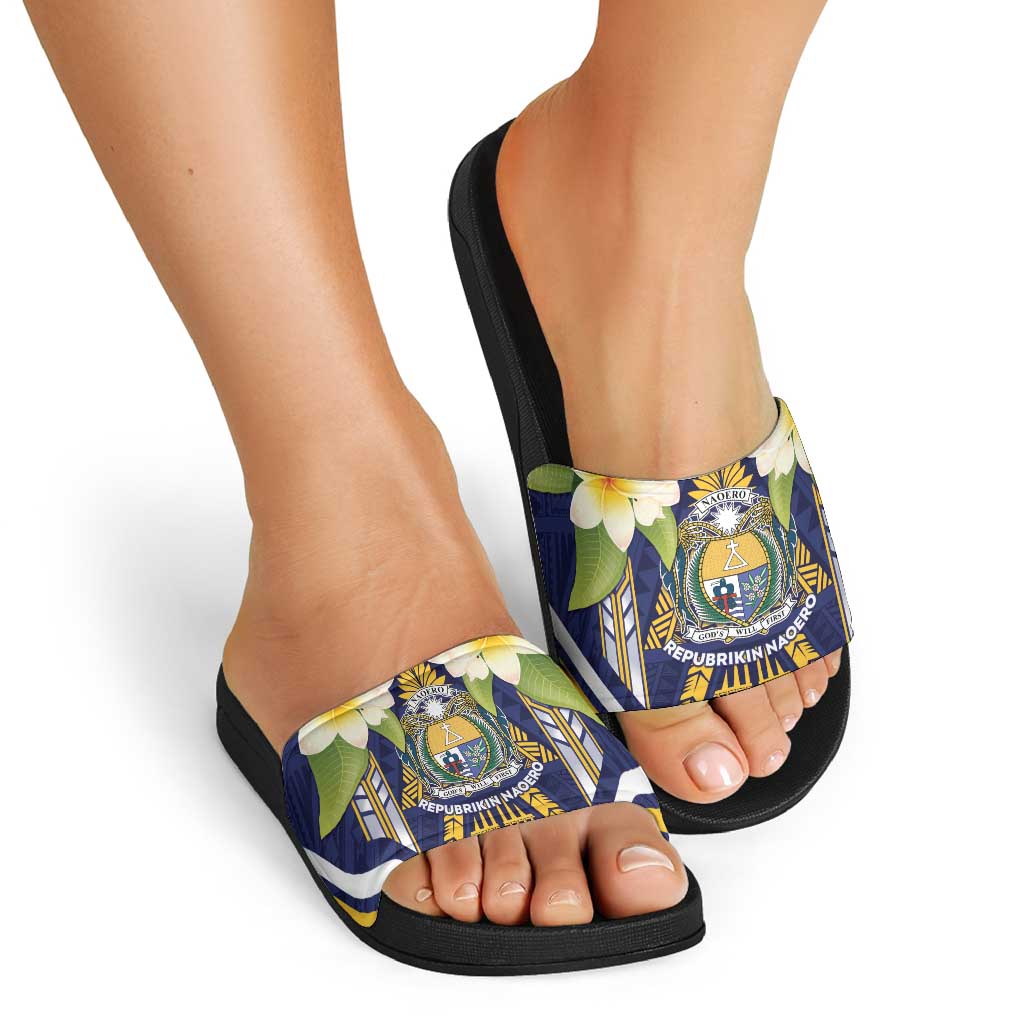 Nauru Independence Day Slide Sandals Coat Of Arms With Plumeria LT05 - Polynesian Pride