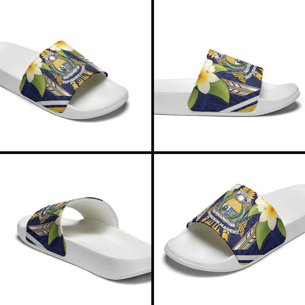 Nauru Independence Day Slide Sandals Coat Of Arms With Plumeria LT05 - Polynesian Pride