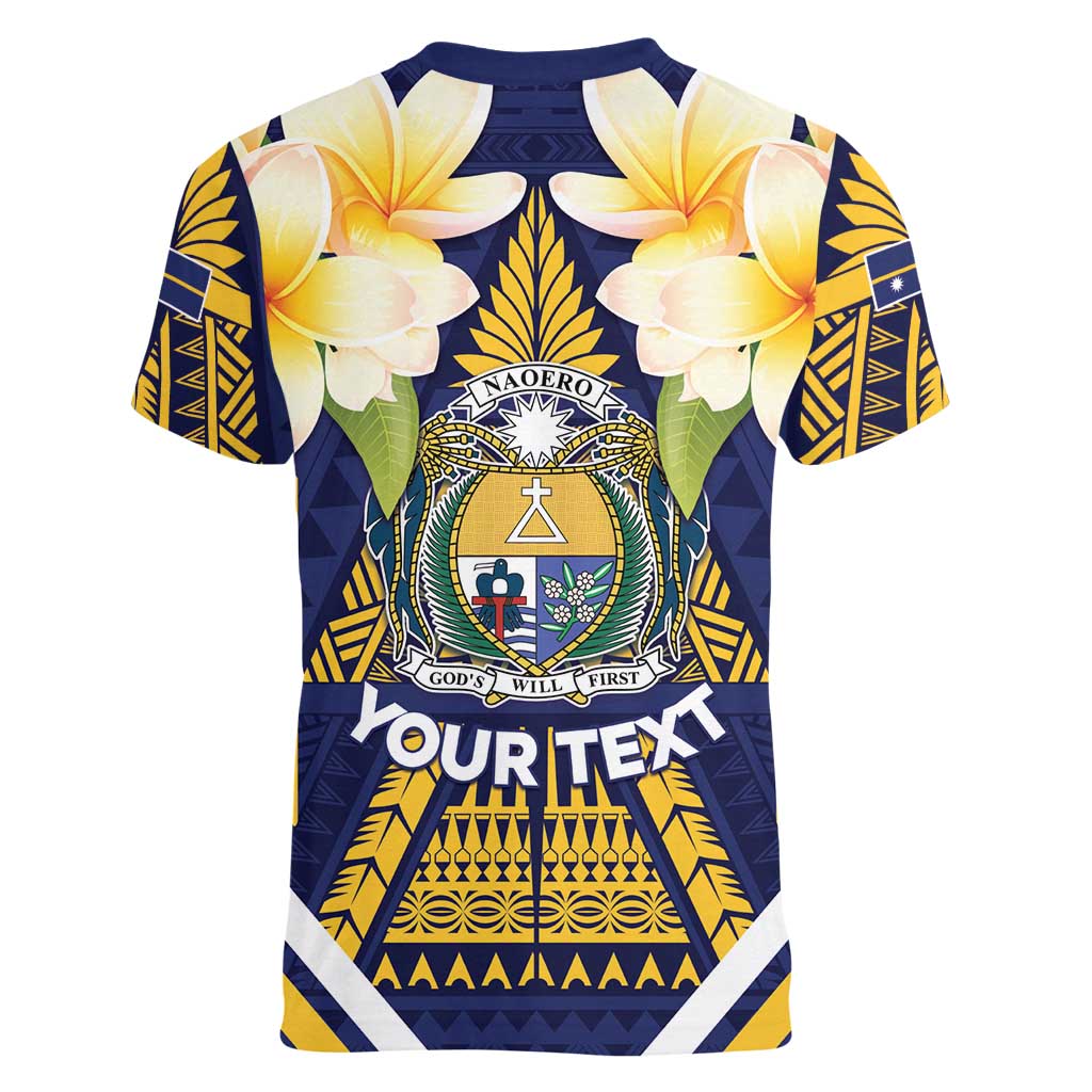 Personalised Nauru Independence Day Women V-Neck T-Shirt Coat Of Arms With Plumeria - Polynesian Pride