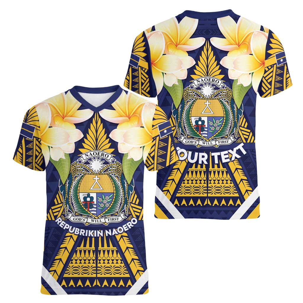 Personalised Nauru Independence Day Women V-Neck T-Shirt Coat Of Arms With Plumeria - Polynesian Pride