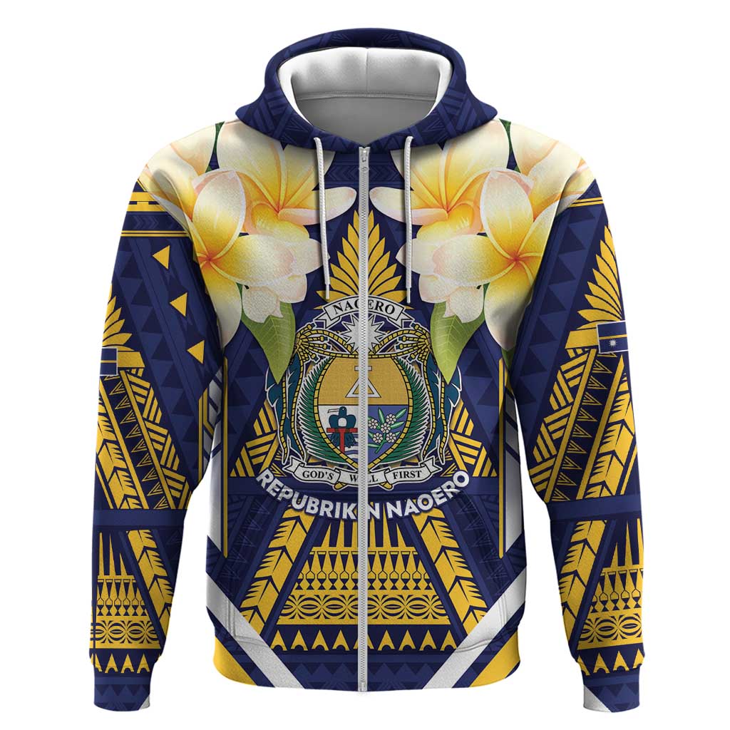 Personalised Nauru Independence Day Zip Hoodie Coat Of Arms With Plumeria LT05 Zip Hoodie Navy - Polynesian Pride