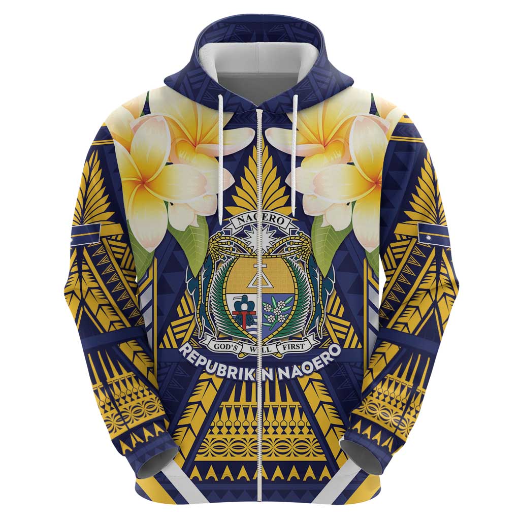 Personalised Nauru Independence Day Zip Hoodie Coat Of Arms With Plumeria LT05 - Polynesian Pride