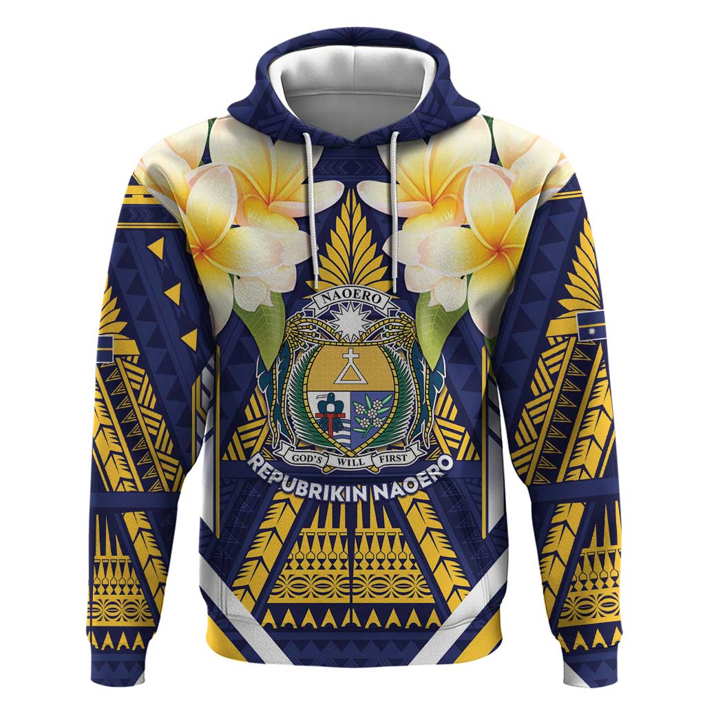 Personalised Nauru Independence Day Zip Hoodie Coat Of Arms With Plumeria LT05 Pullover Hoodie Navy - Polynesian Pride