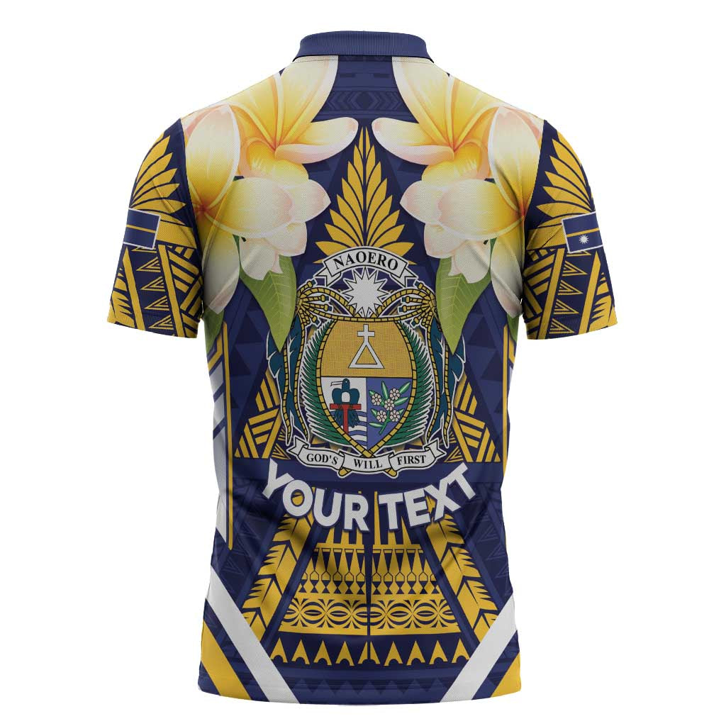 Personalised Nauru Independence Day Zipper Polo Shirt Coat Of Arms With Plumeria - Polynesian Pride