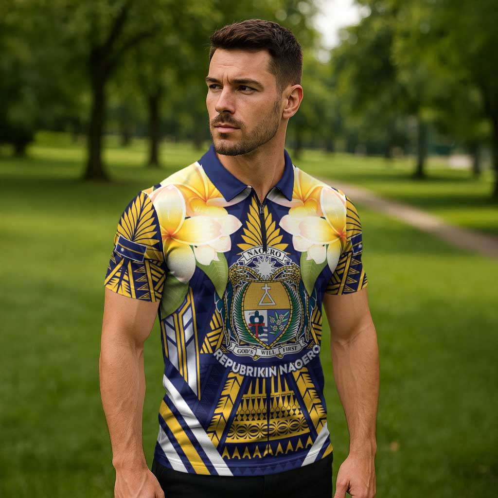 Personalised Nauru Independence Day Zipper Polo Shirt Coat Of Arms With Plumeria - Polynesian Pride