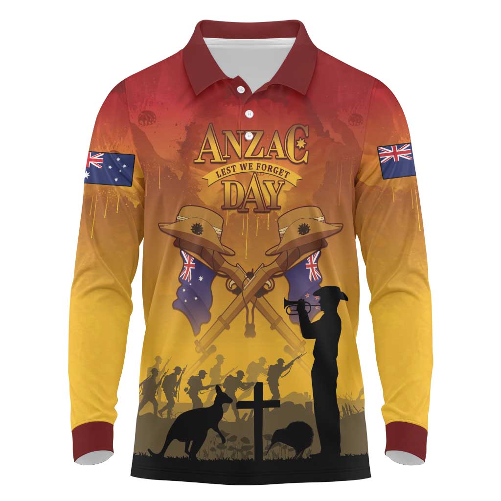 ANZAC Day Long Sleeve Polo Shirt Australia And New Zealand Slouch Hats LT05 Yellow - Polynesian Pride