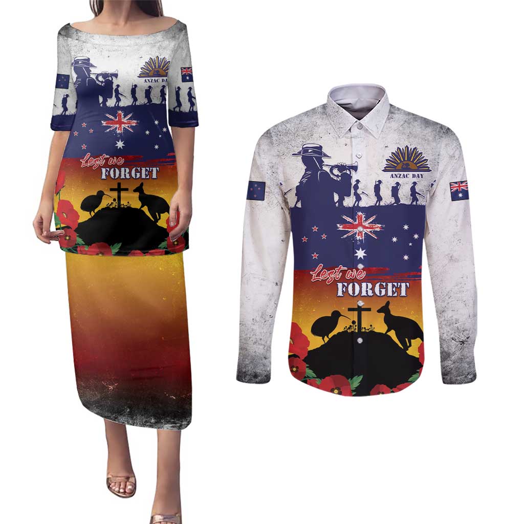 New Zealand And Australia ANZAC Last Post Couples Matching Puletasi and Long Sleeve Button Shirt LT05 Blue - Polynesian Pride