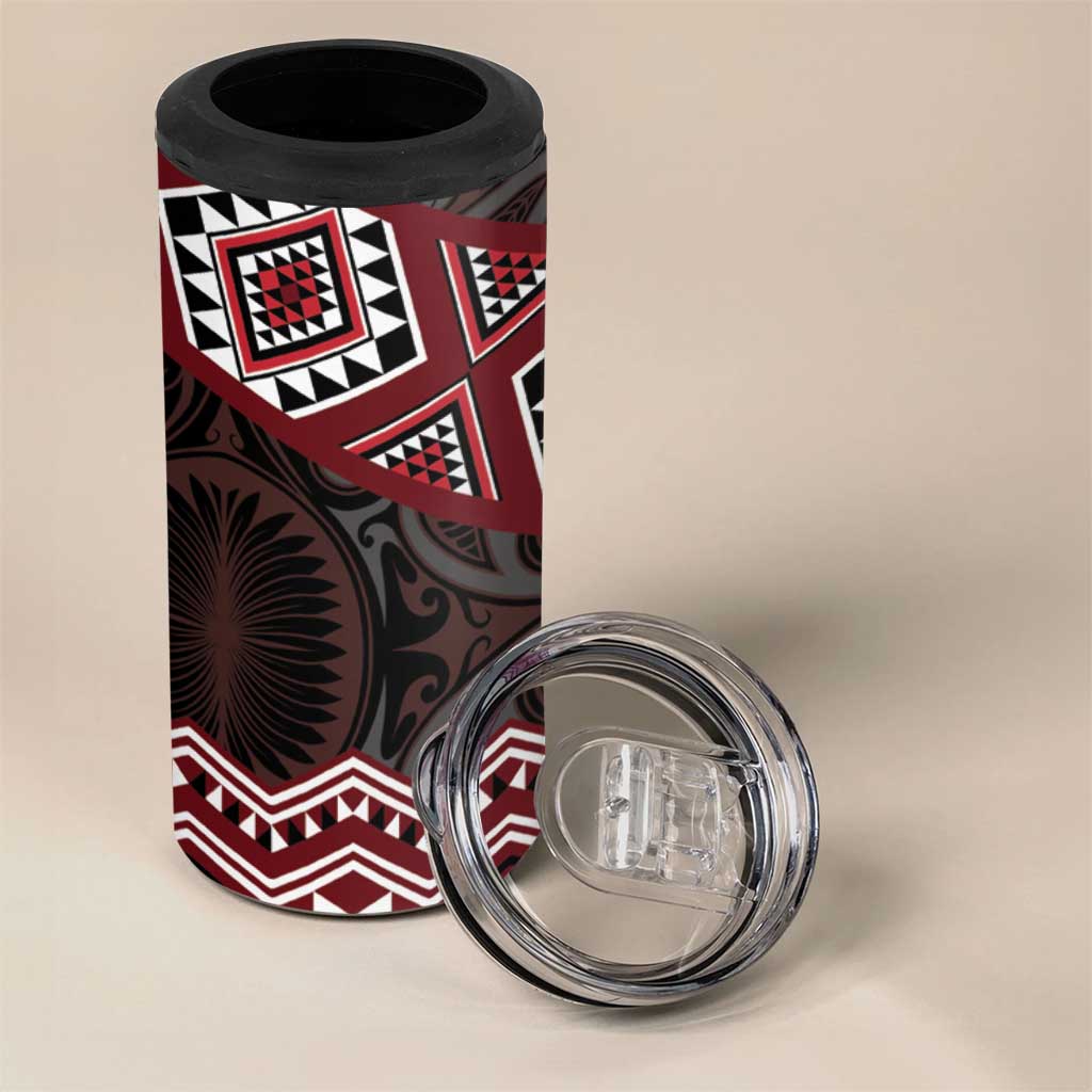 New Zealand Aotearoa 4 in 1 Can Cooler Tumbler Red Taniko Art Maori Pattern