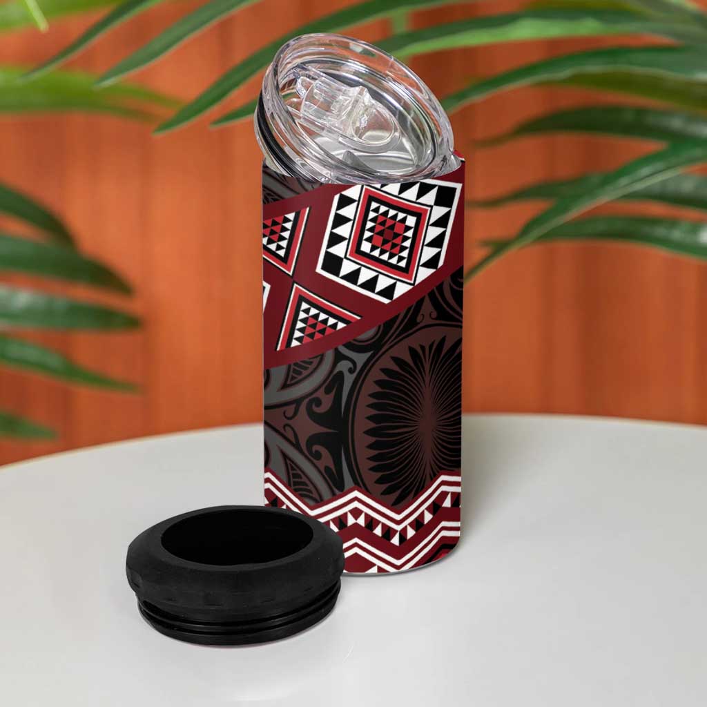 New Zealand Aotearoa 4 in 1 Can Cooler Tumbler Red Taniko Art Maori Pattern