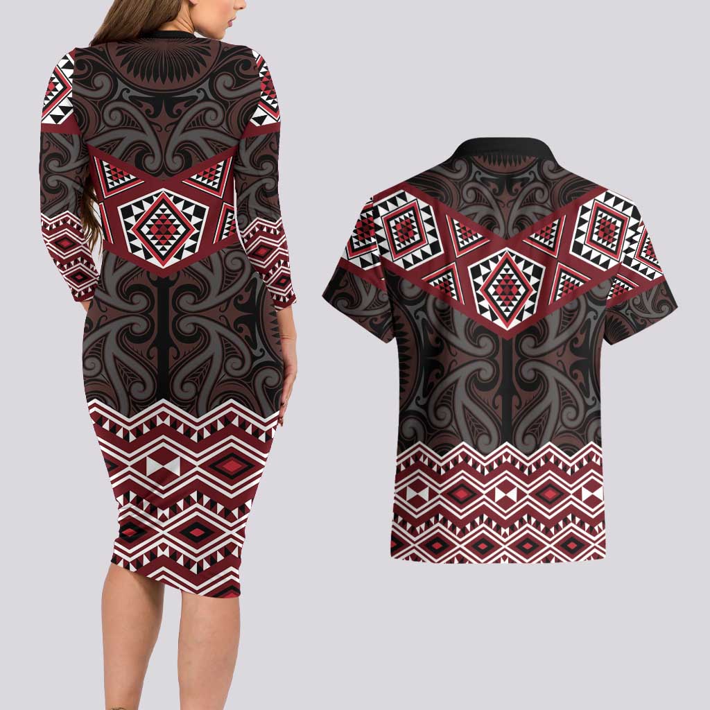 New Zealand Aotearoa Couples Matching Long Sleeve Bodycon Dress and Hawaiian Shirt Red Taniko Art Maori Pattern