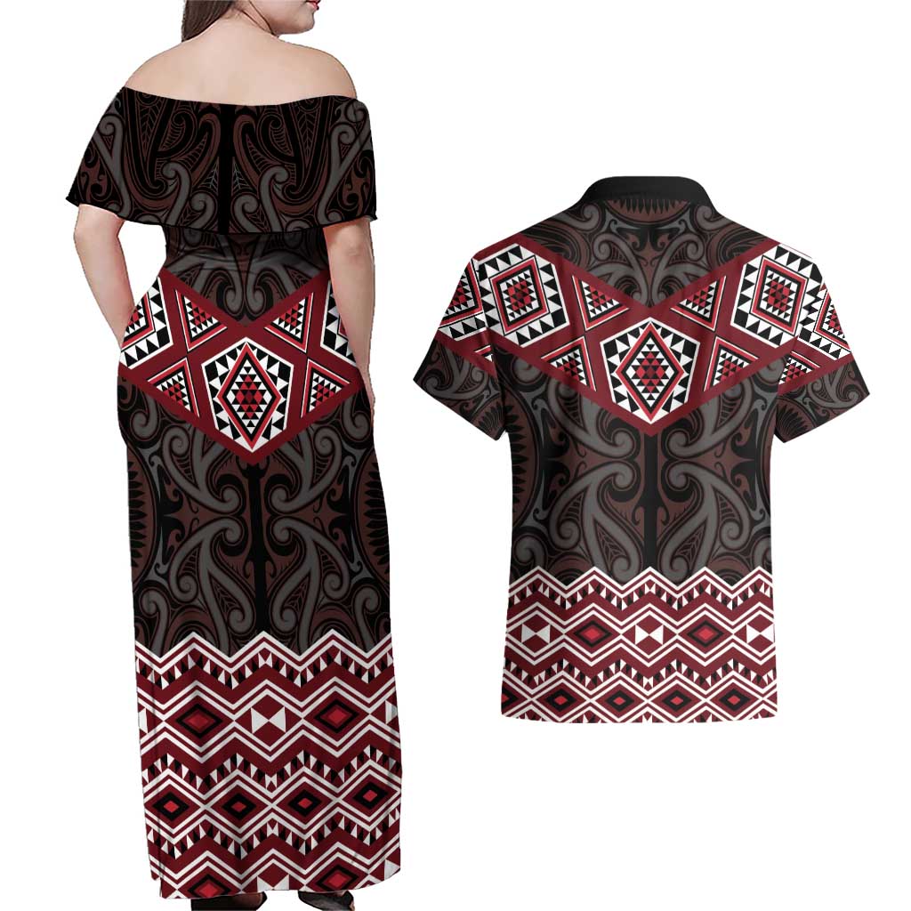 New Zealand Aotearoa Couples Matching Off Shoulder Maxi Dress and Hawaiian Shirt Red Taniko Art Maori Pattern