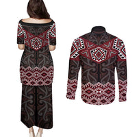 New Zealand Aotearoa Couples Matching Puletasi and Long Sleeve Button Shirt Red Taniko Art Maori Pattern