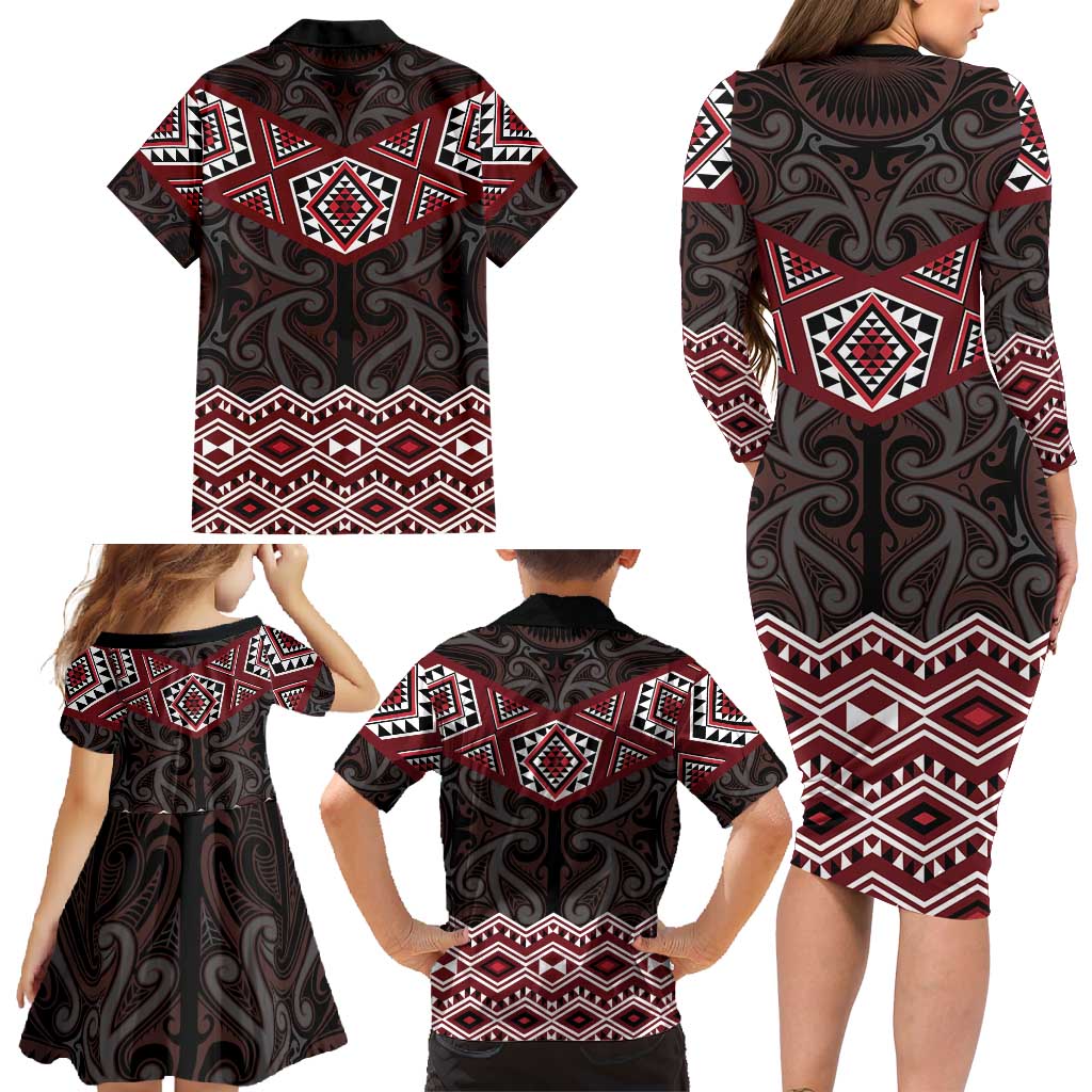 New Zealand Aotearoa Family Matching Long Sleeve Bodycon Dress and Hawaiian Shirt Red Taniko Art Maori Pattern