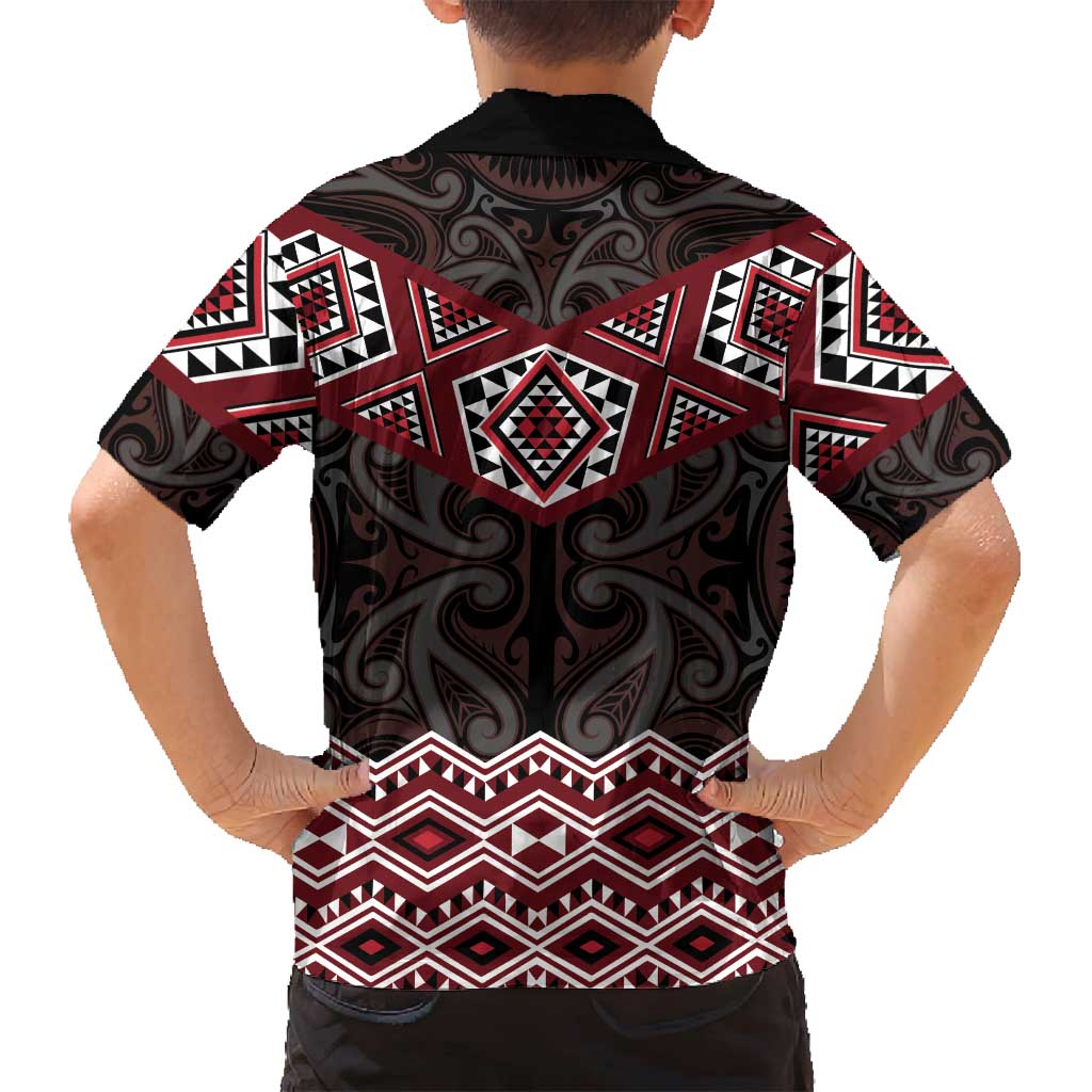 New Zealand Aotearoa Family Matching Off Shoulder Short Dress and Hawaiian Shirt Red Taniko Art Maori Pattern