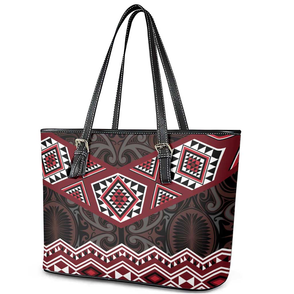 New Zealand Aotearoa Leather Tote Bag Red Taniko Art Maori Pattern