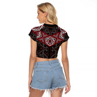 New Zealand Aotearoa Raglan Cropped T Shirt Red Taniko Art Maori Pattern