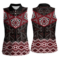 New Zealand Aotearoa Women Sleeveless Polo Shirt Red Taniko Art Maori Pattern