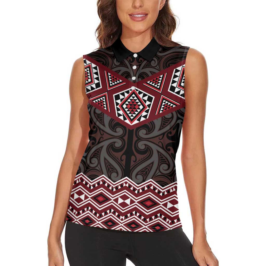 New Zealand Aotearoa Women Sleeveless Polo Shirt Red Taniko Art Maori Pattern