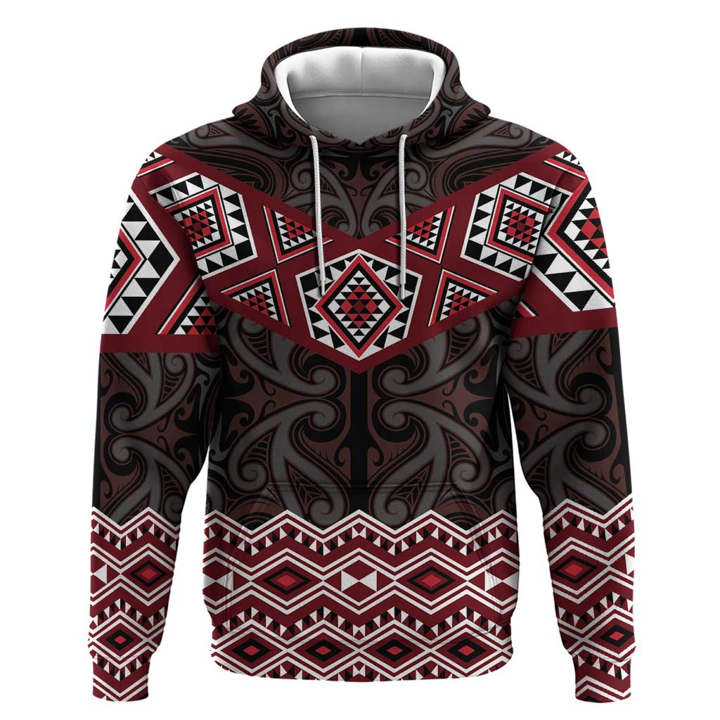 New Zealand Aotearoa Zip Hoodie Red Taniko Art Maori Pattern