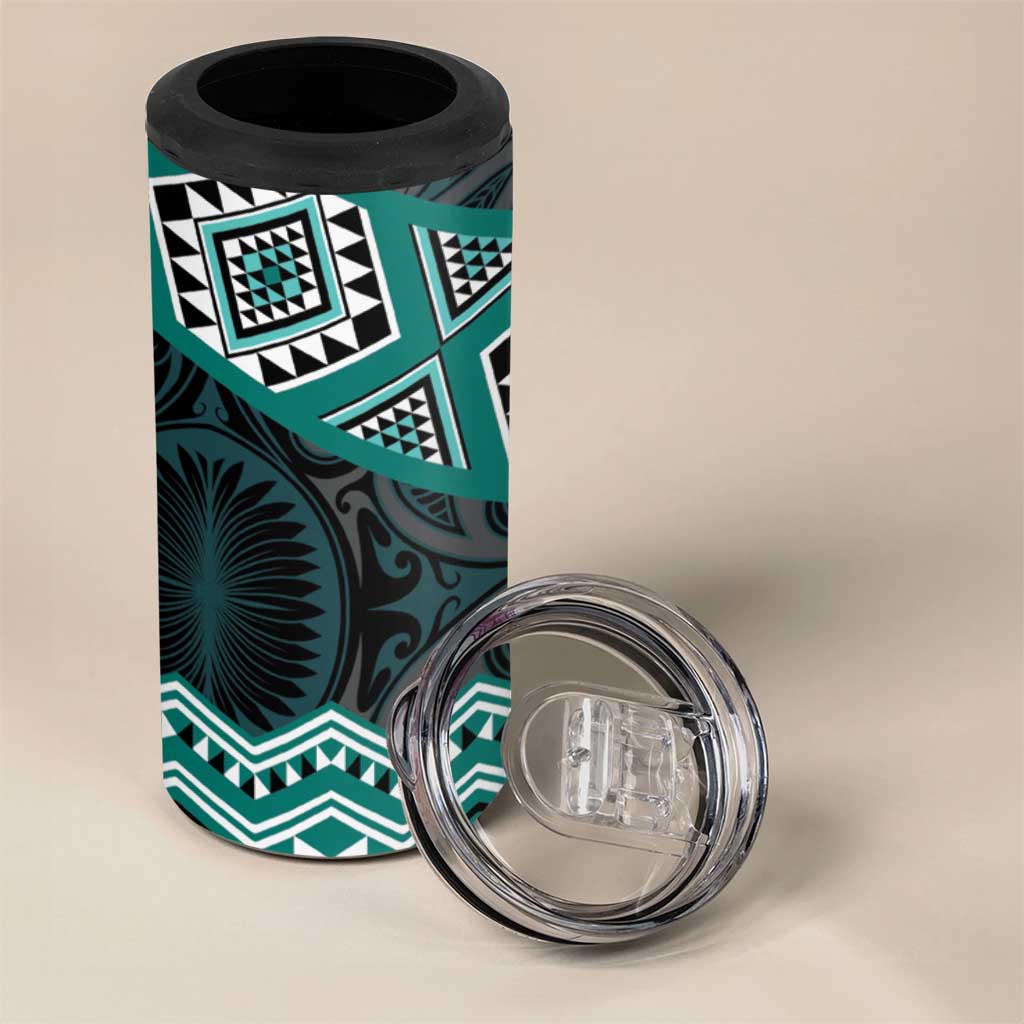 New Zealand Aotearoa 4 in 1 Can Cooler Tumbler Turquoise Taniko Art Maori Pattern