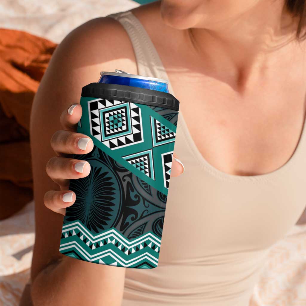 New Zealand Aotearoa 4 in 1 Can Cooler Tumbler Turquoise Taniko Art Maori Pattern