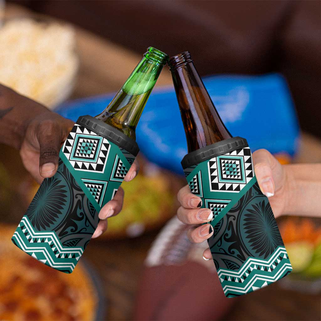 New Zealand Aotearoa 4 in 1 Can Cooler Tumbler Turquoise Taniko Art Maori Pattern