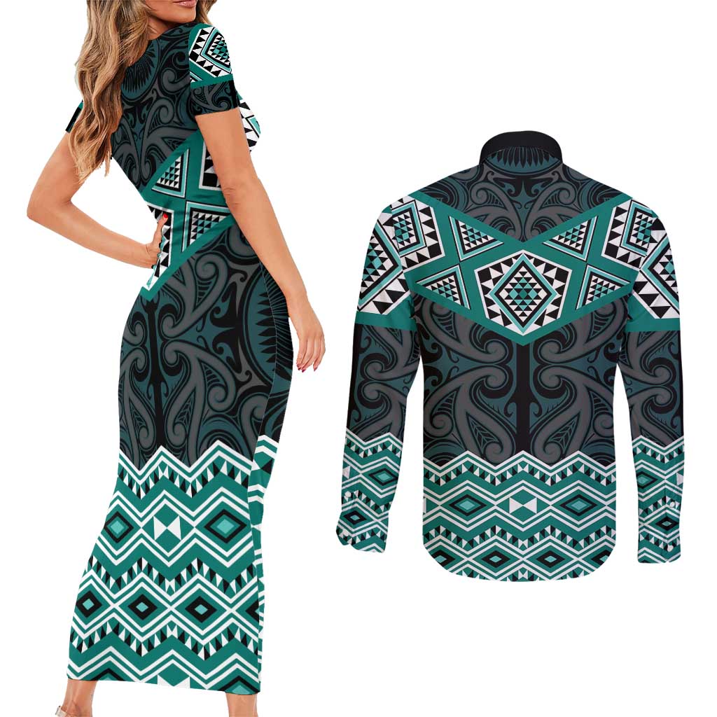 New Zealand Aotearoa Couples Matching Short Sleeve Bodycon Dress and Long Sleeve Button Shirt Turquoise Taniko Art Maori Pattern