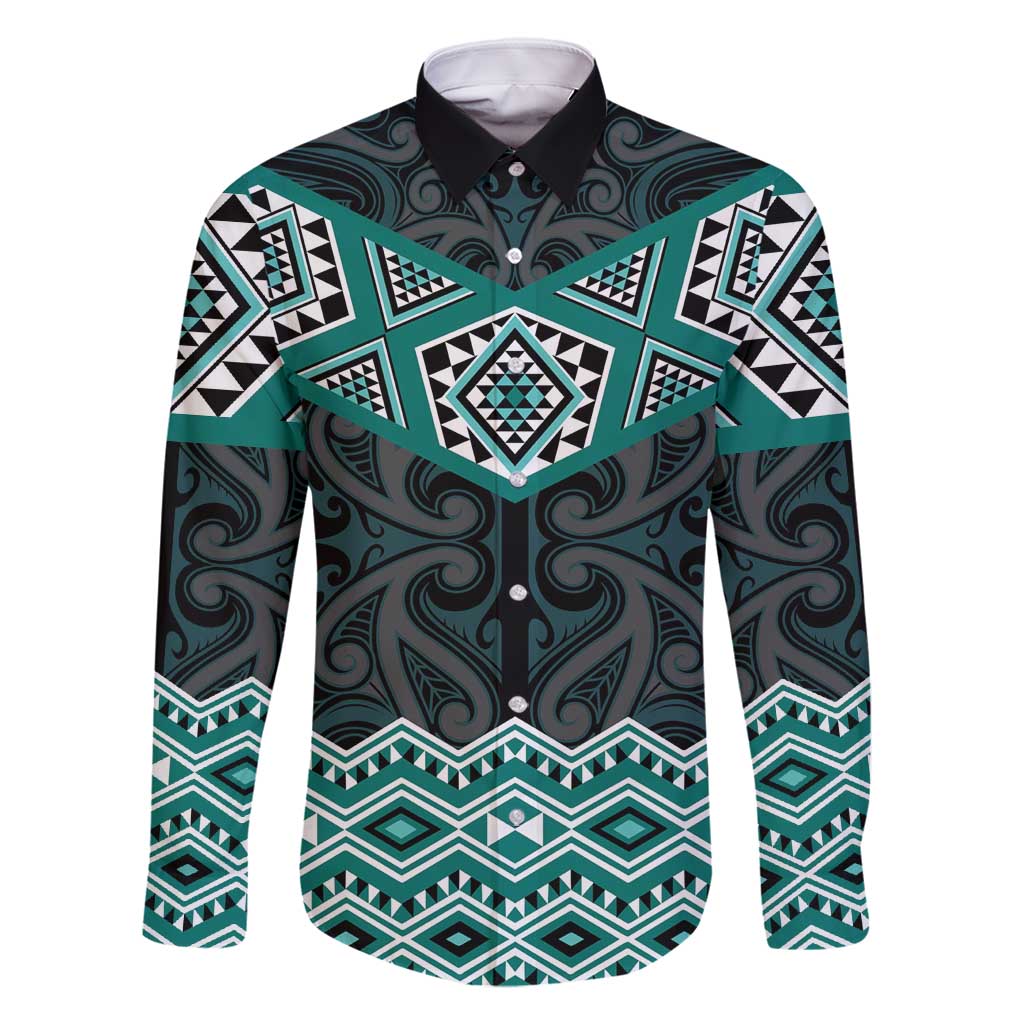 New Zealand Aotearoa Family Matching Long Sleeve Bodycon Dress and Hawaiian Shirt Turquoise Taniko Art Maori Pattern