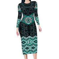 New Zealand Aotearoa Family Matching Long Sleeve Bodycon Dress and Hawaiian Shirt Turquoise Taniko Art Maori Pattern