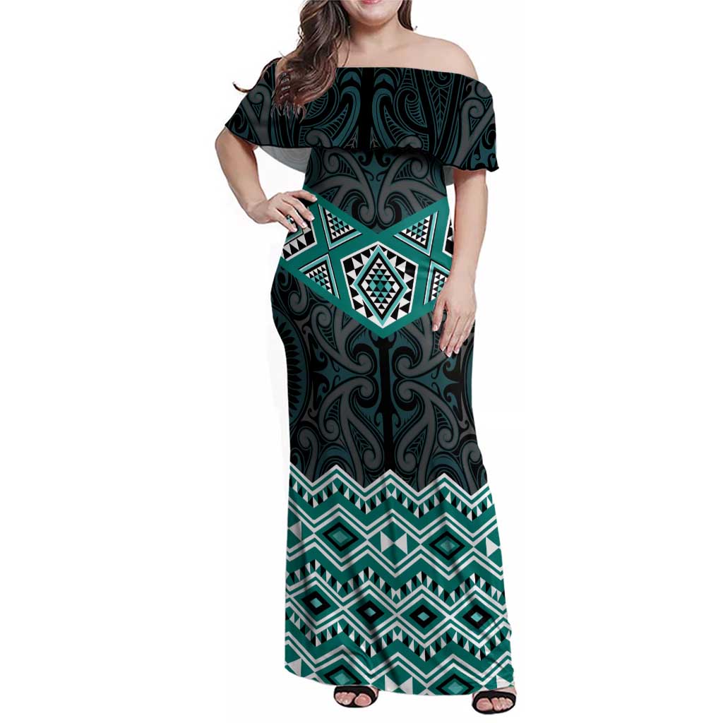 New Zealand Aotearoa Family Matching Off Shoulder Maxi Dress and Hawaiian Shirt Turquoise Taniko Art Maori Pattern