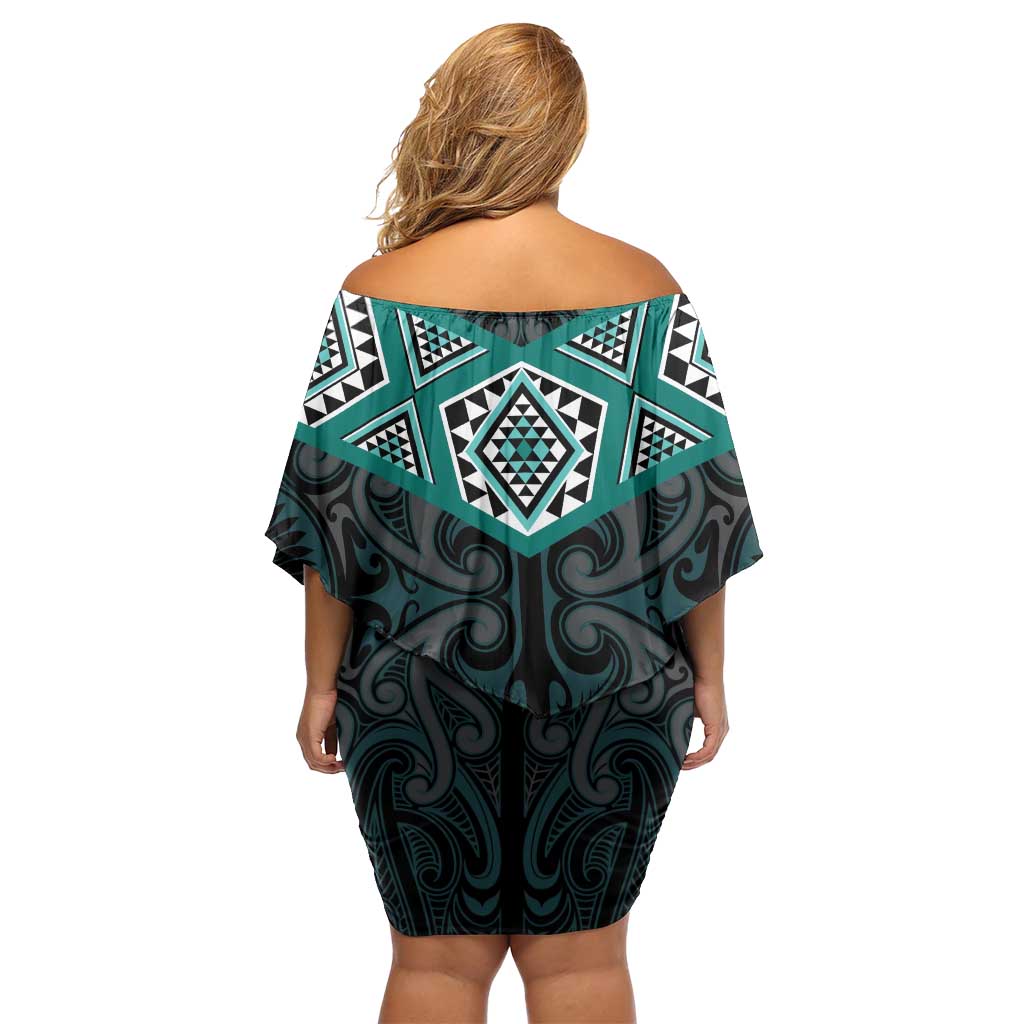 New Zealand Aotearoa Family Matching Off Shoulder Short Dress and Hawaiian Shirt Turquoise Taniko Art Maori Pattern