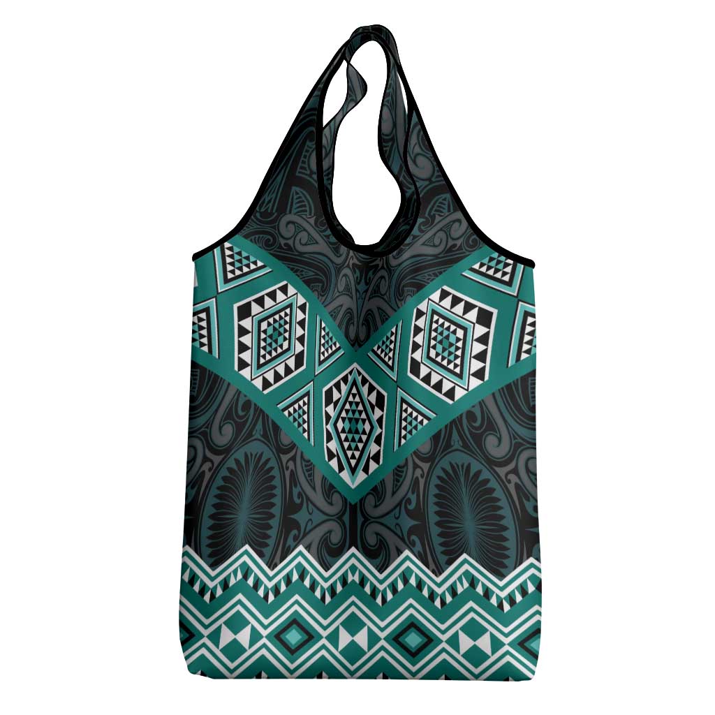 New Zealand Aotearoa Grocery Bag Turquoise Taniko Art Maori Pattern