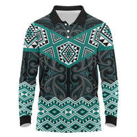 New Zealand Aotearoa Long Sleeve Polo Shirt Turquoise Taniko Art Maori Pattern