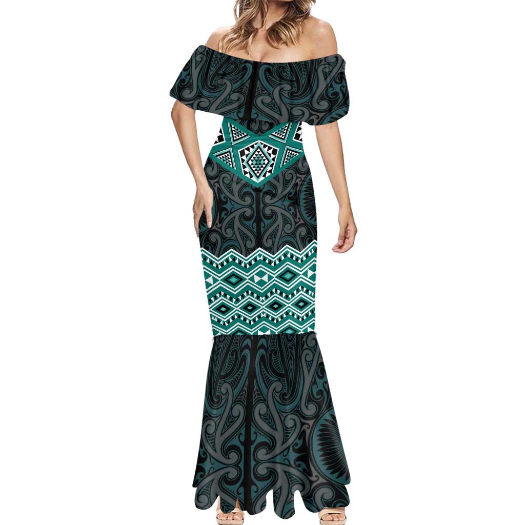 New Zealand Aotearoa Mermaid Dress Turquoise Taniko Art Maori Pattern
