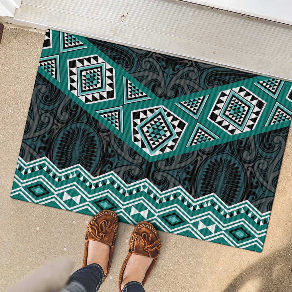 New Zealand Aotearoa Rubber Doormat Turquoise Taniko Art Maori Pattern