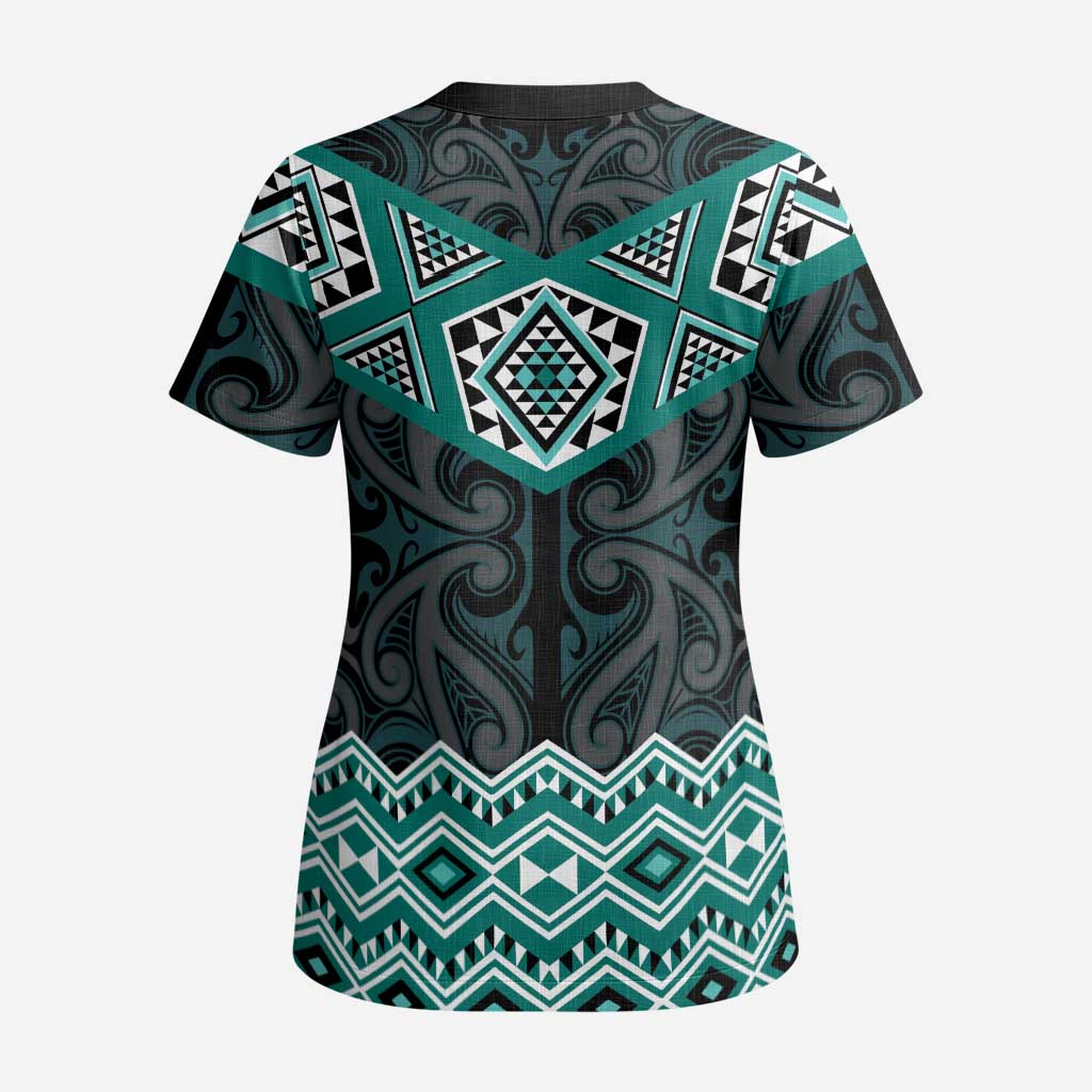 New Zealand Aotearoa Scrub Top Turquoise Taniko Art Maori Pattern - Polynesian Pride