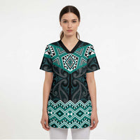 New Zealand Aotearoa Scrub Top Turquoise Taniko Art Maori Pattern - Polynesian Pride