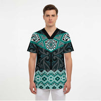 New Zealand Aotearoa Scrub Top Turquoise Taniko Art Maori Pattern - Polynesian Pride