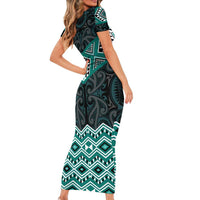 New Zealand Aotearoa Short Sleeve Bodycon Dress Turquoise Taniko Art Maori Pattern
