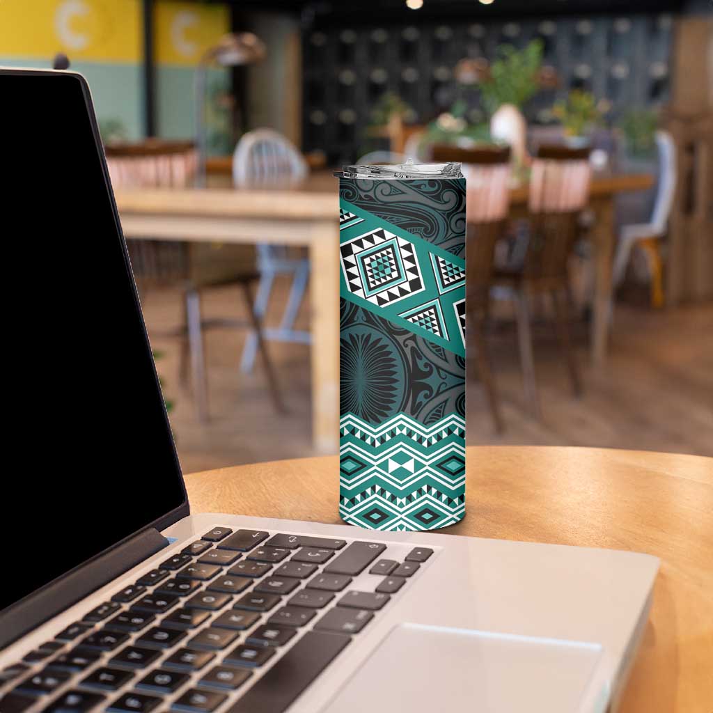 New Zealand Aotearoa Skinny Tumbler Turquoise Taniko Art Maori Pattern