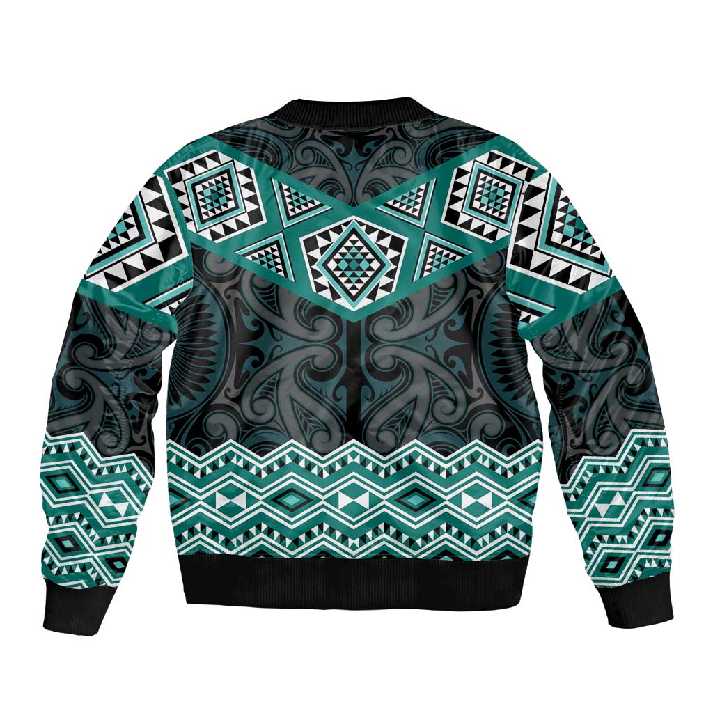 New Zealand Aotearoa Sleeve Zip Bomber Jacket Turquoise Taniko Art Maori Pattern