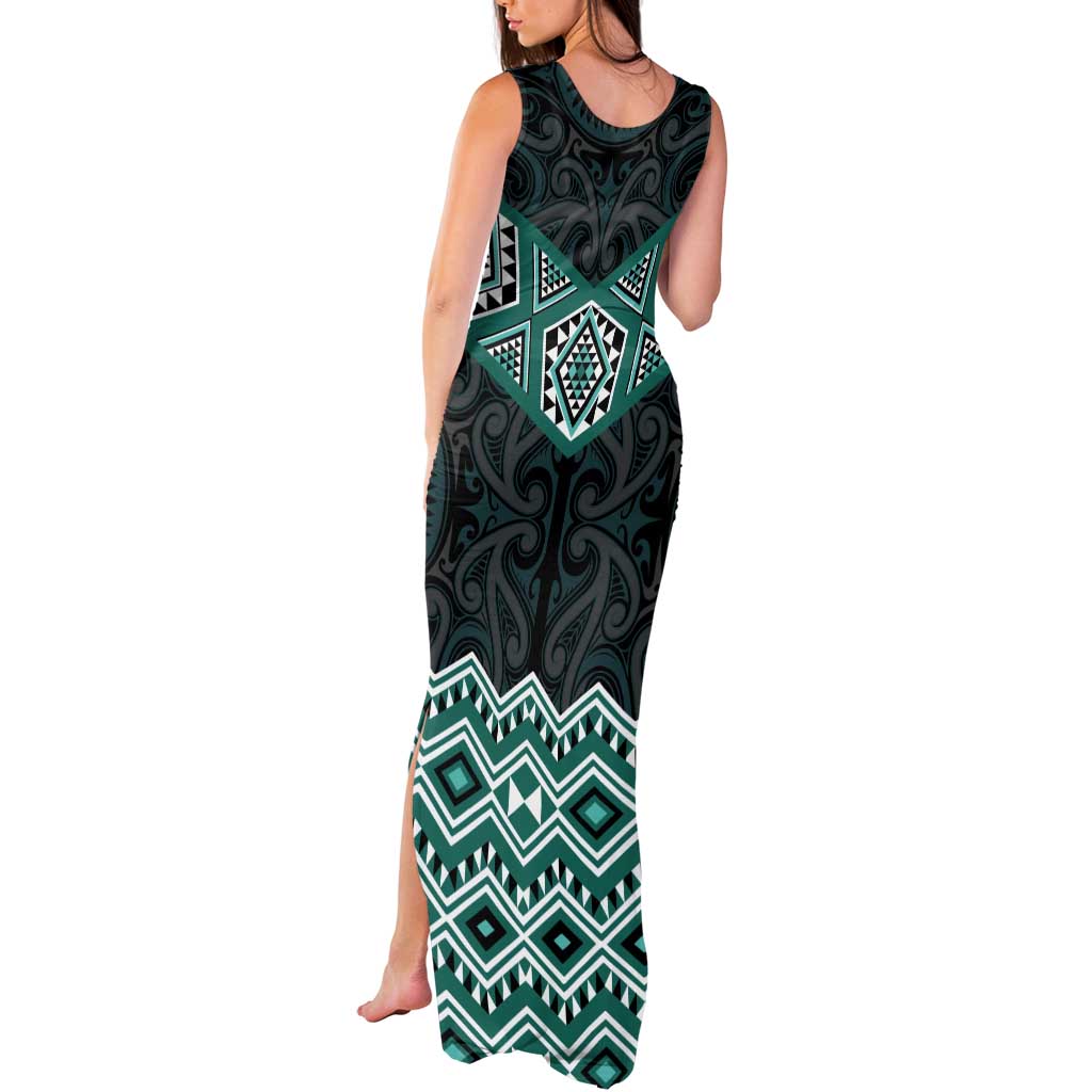 New Zealand Aotearoa Tank Maxi Dress Turquoise Taniko Art Maori Pattern
