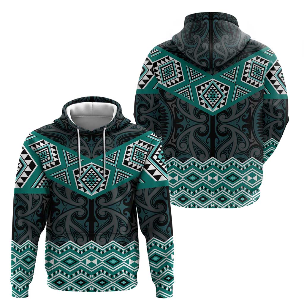 New Zealand Aotearoa Zip Hoodie Turquoise Taniko Art Maori Pattern